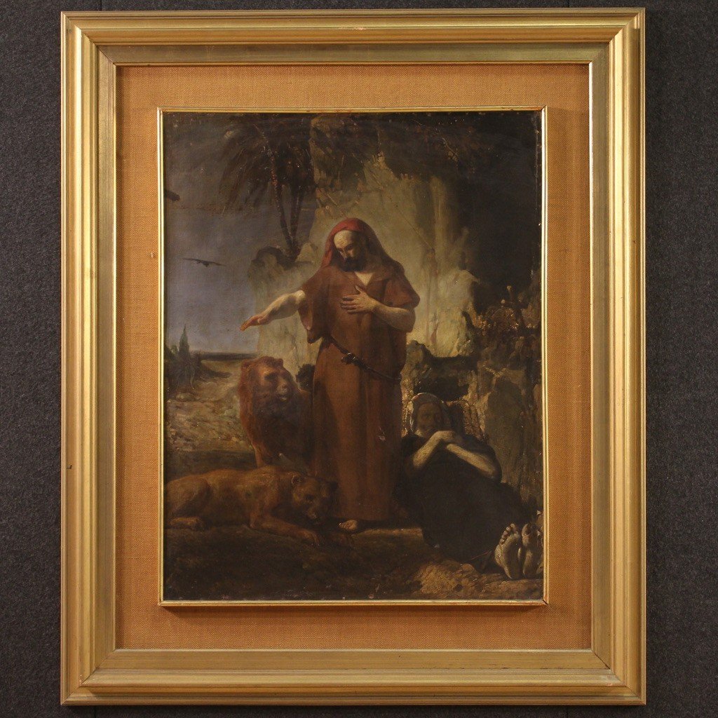 Peinture Ancienne Du 19ème Siècle, Saint Antoine l'Abbé Enterre Saint Paul