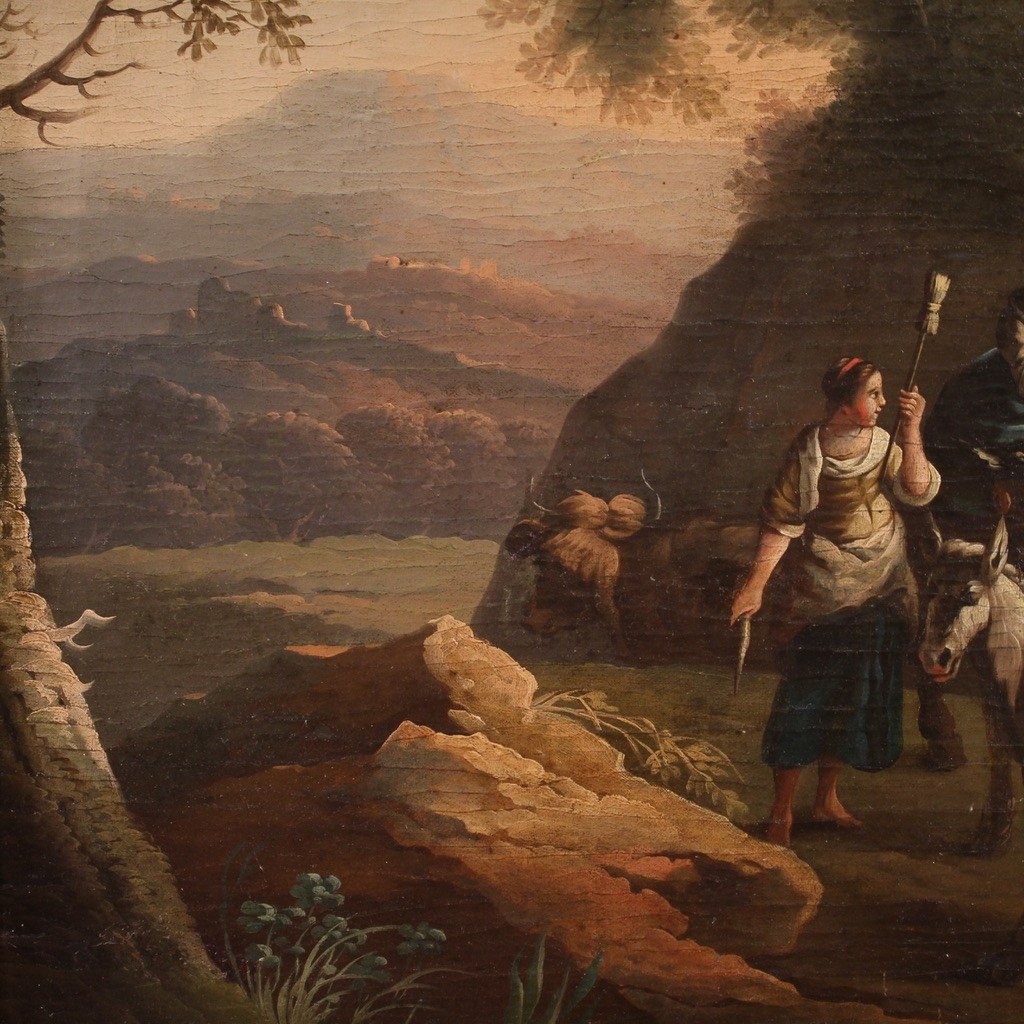 Antique Painting Bucolic Landscape With Characters From The 18th Century-photo-6