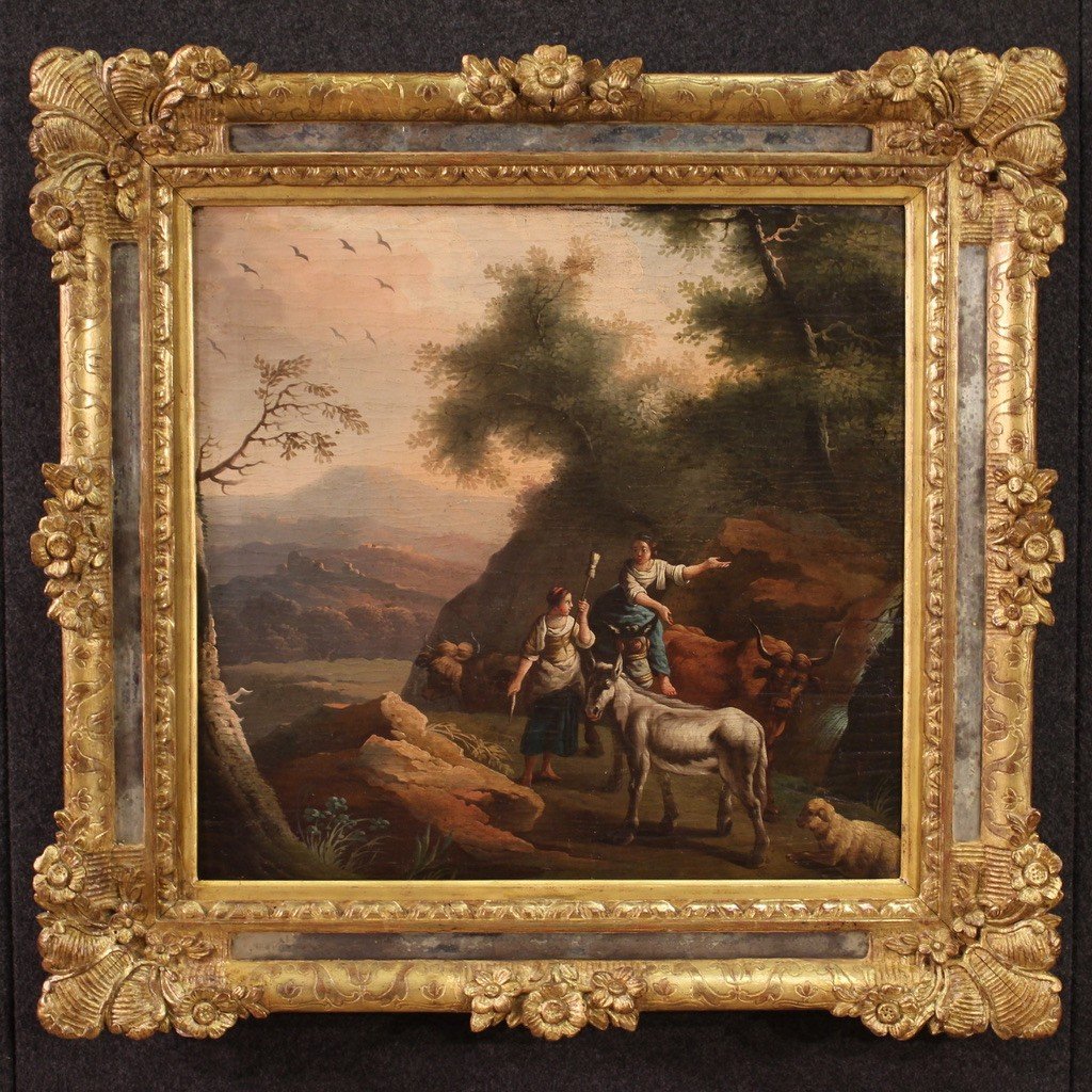 Antique Painting Bucolic Landscape With Characters From The 18th Century