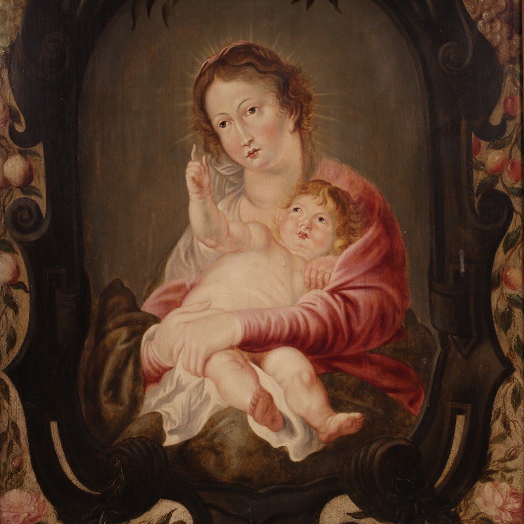 17th Century Flemish Painting On Panel, Madonna And Child-photo-4