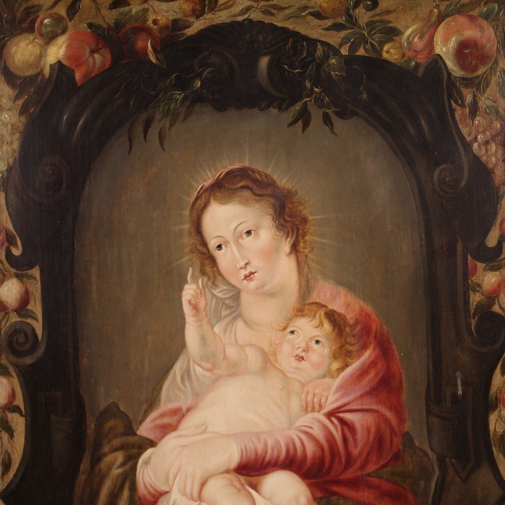 17th Century Flemish Painting On Panel, Madonna And Child-photo-2