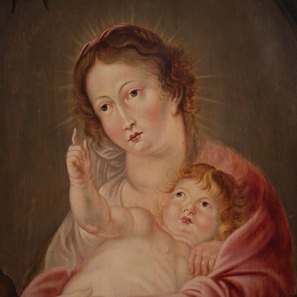 17th Century Flemish Painting On Panel, Madonna And Child-photo-3