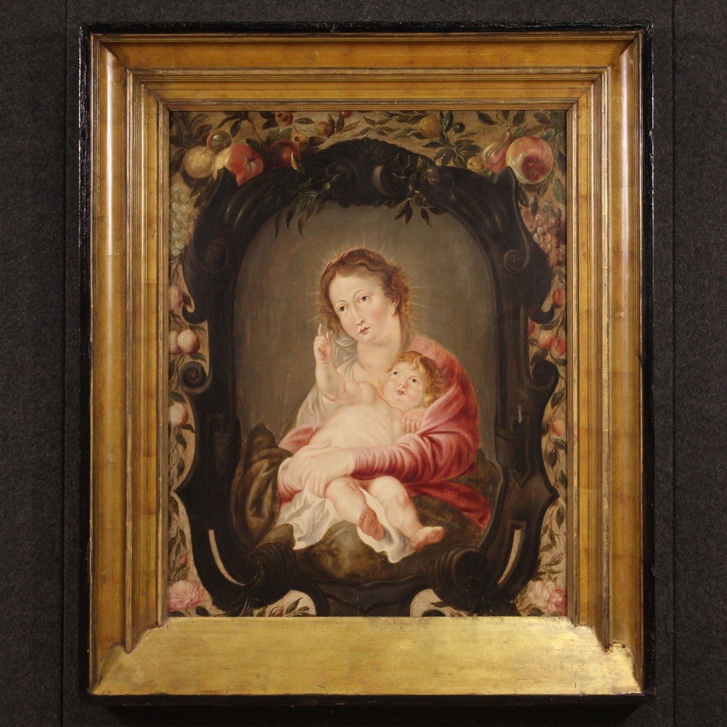 17th Century Flemish Painting On Panel, Madonna And Child