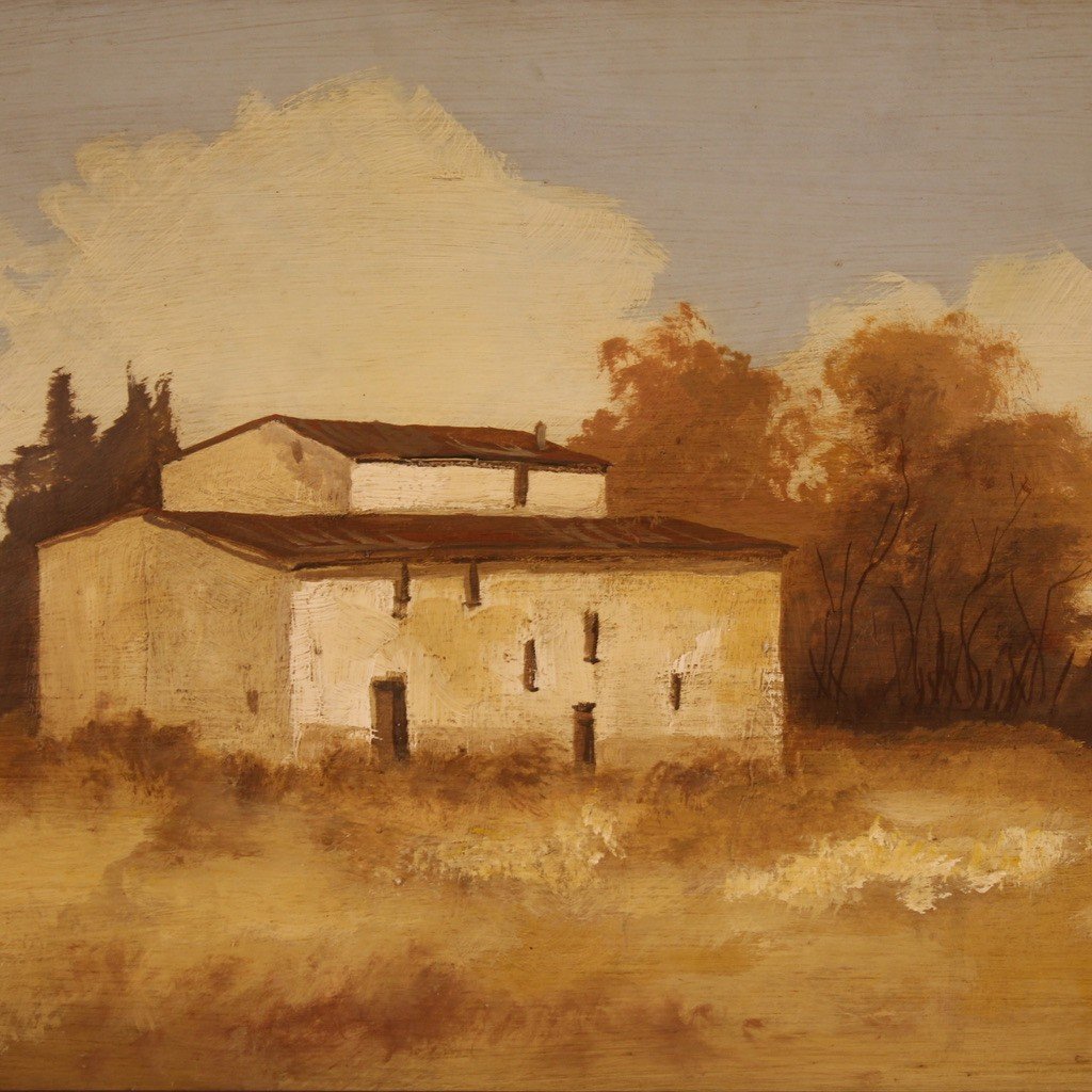 Tableau Signé Paysage Avec Une Petite Maison Du 20ème Siècle-photo-3