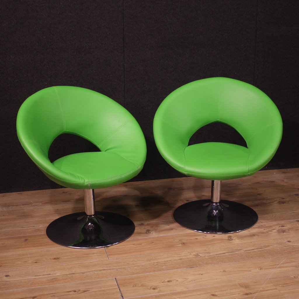 Pair Of Green Modern 80's Armchairs