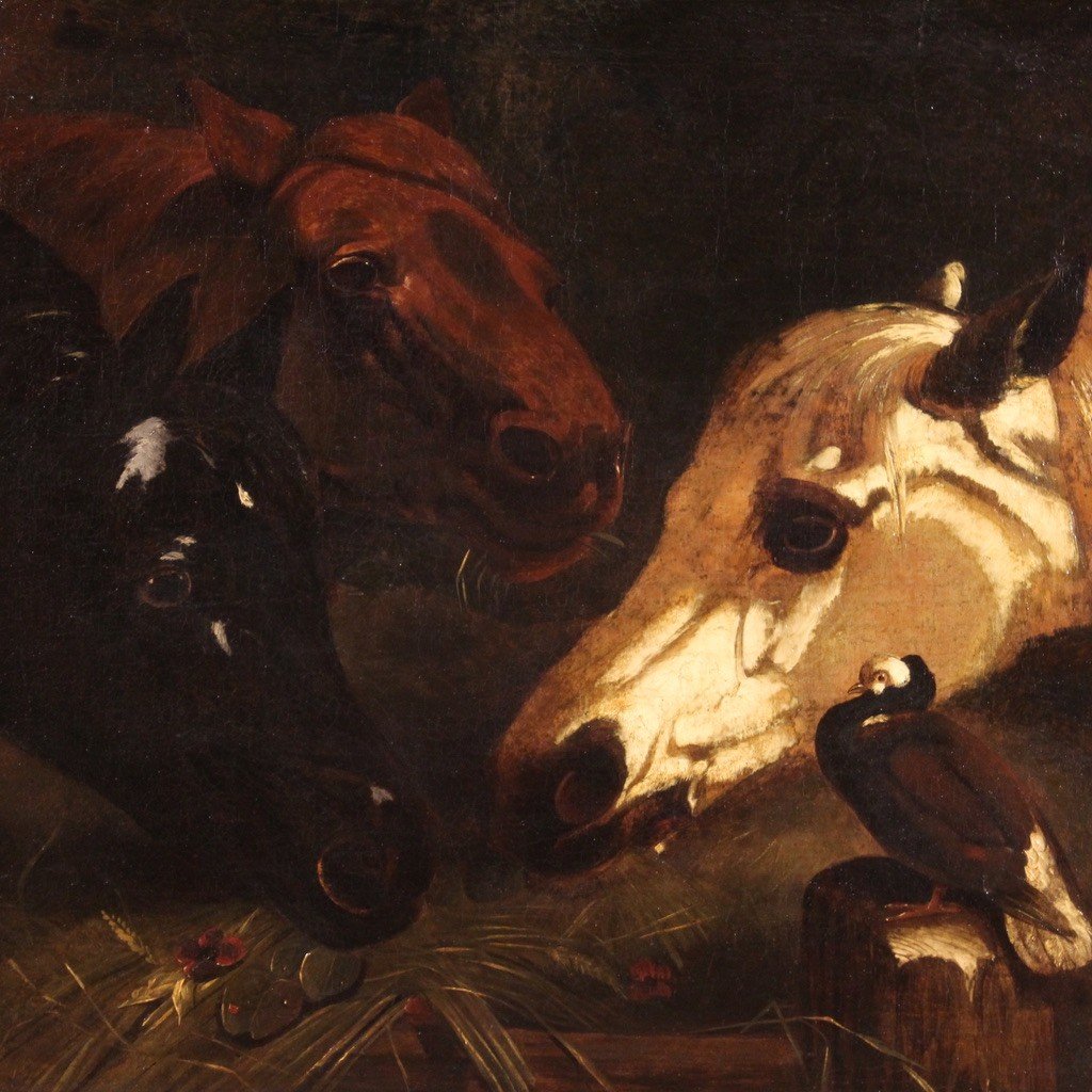 Antique Painting With Horses From The First Half Of The 19th Century-photo-3