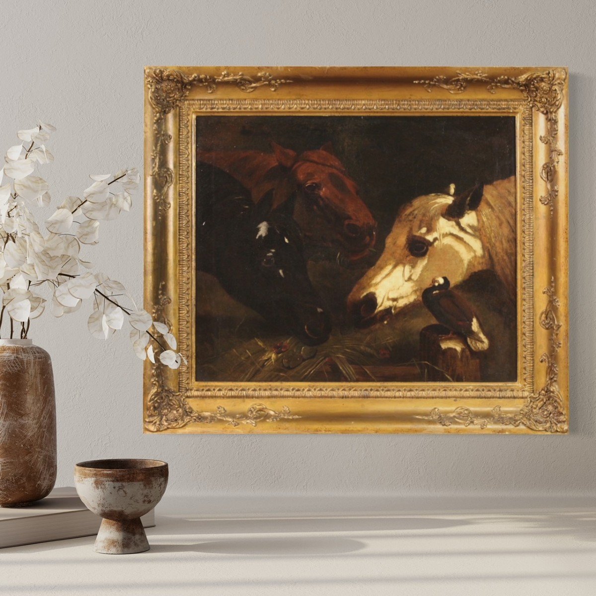 Antique Painting With Horses From The First Half Of The 19th Century-photo-1