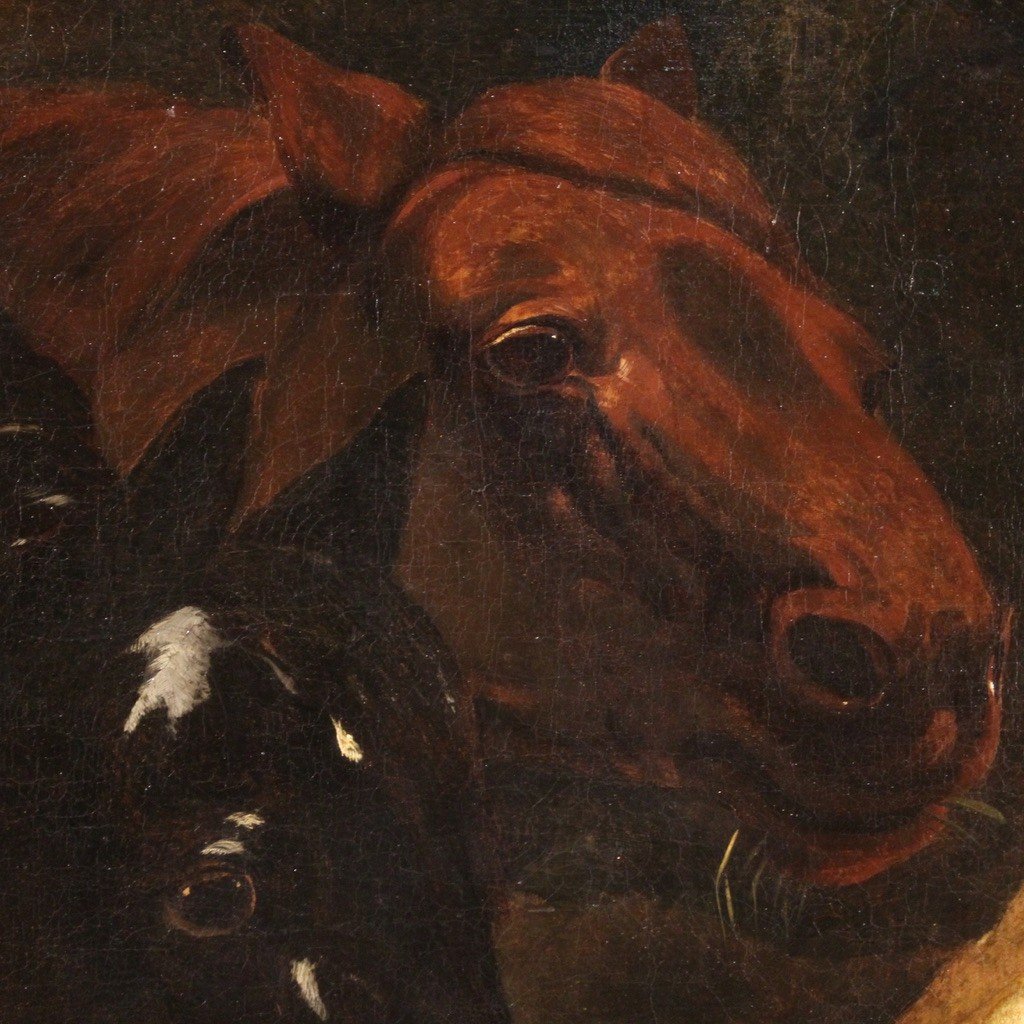 Antique Painting With Horses From The First Half Of The 19th Century-photo-3