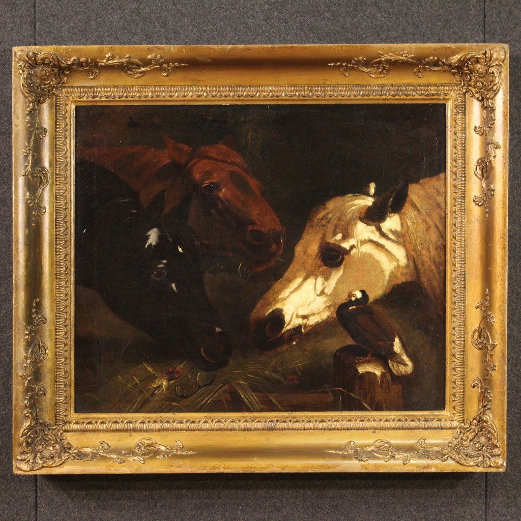 Antique Painting With Horses From The First Half Of The 19th Century