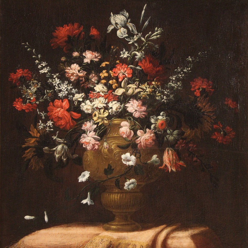 Antique Italian Painting From The 17th Century, Still Life With Flower Vase-photo-4