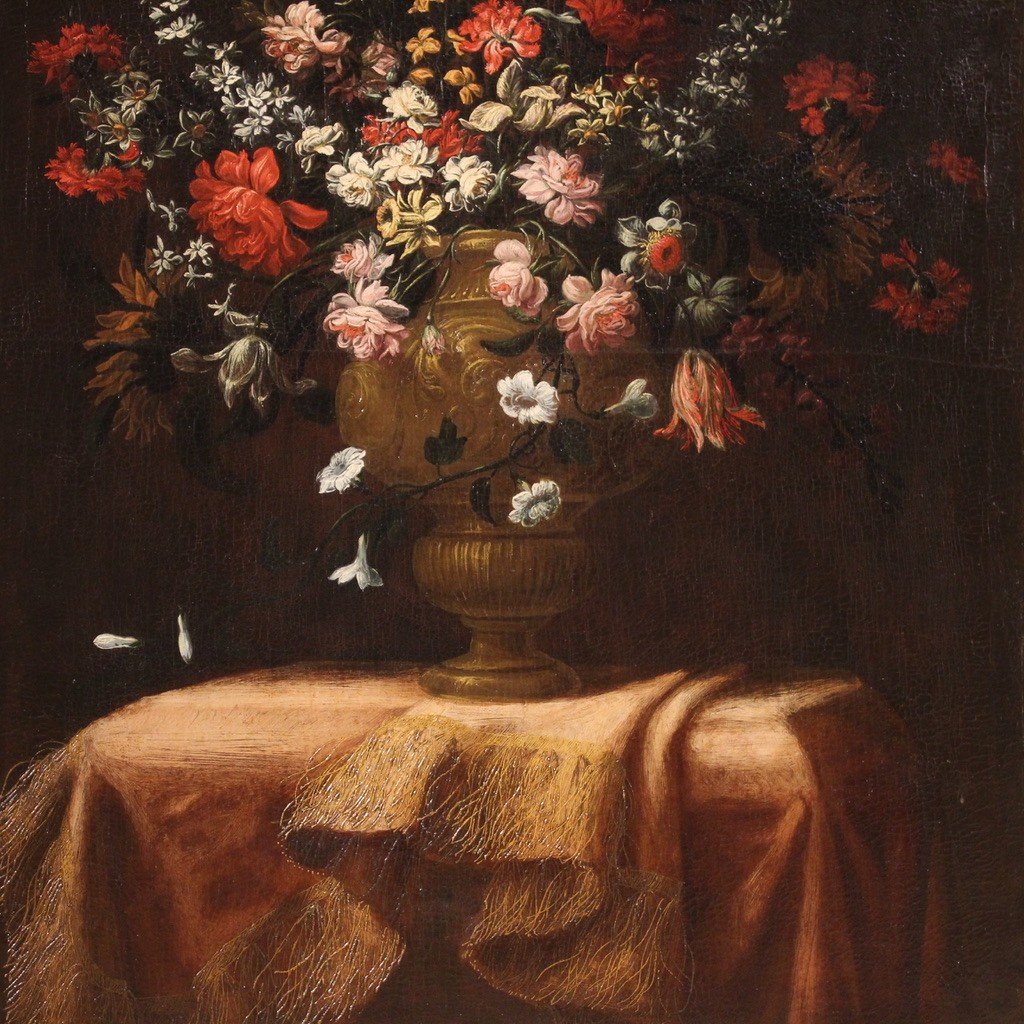 Antique Italian Painting From The 17th Century, Still Life With Flower Vase-photo-1