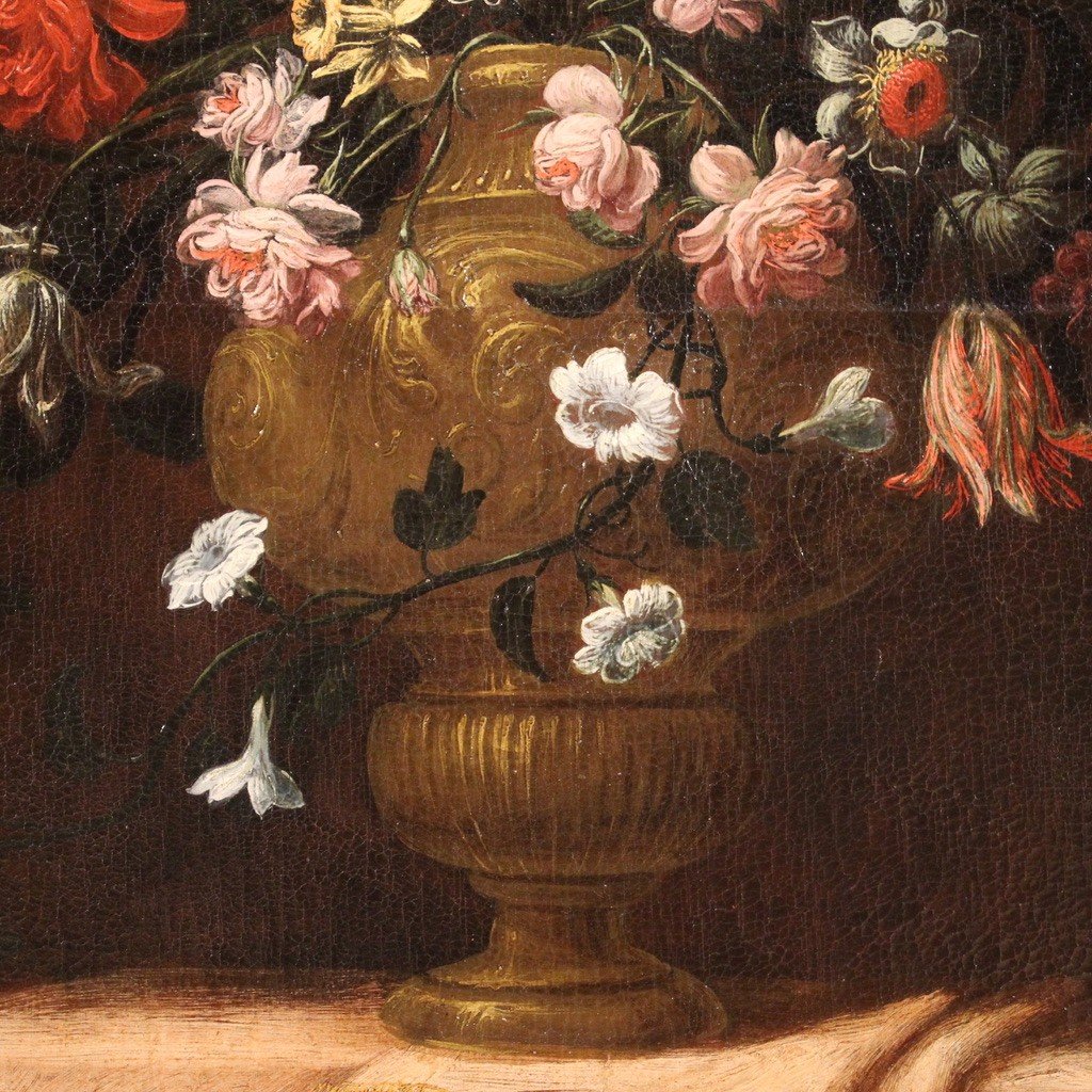 Antique Italian Painting From The 17th Century, Still Life With Flower Vase-photo-3