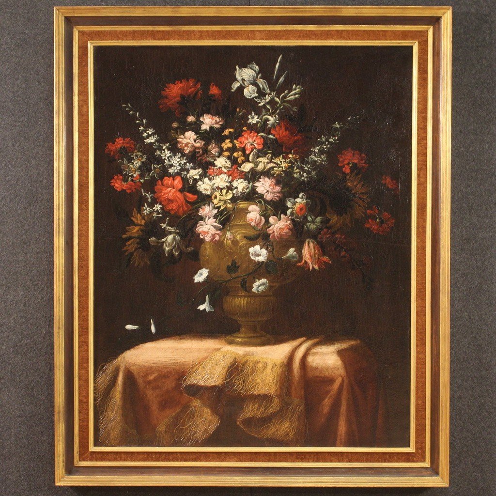 Antique Italian Painting From The 17th Century, Still Life With Flower Vase