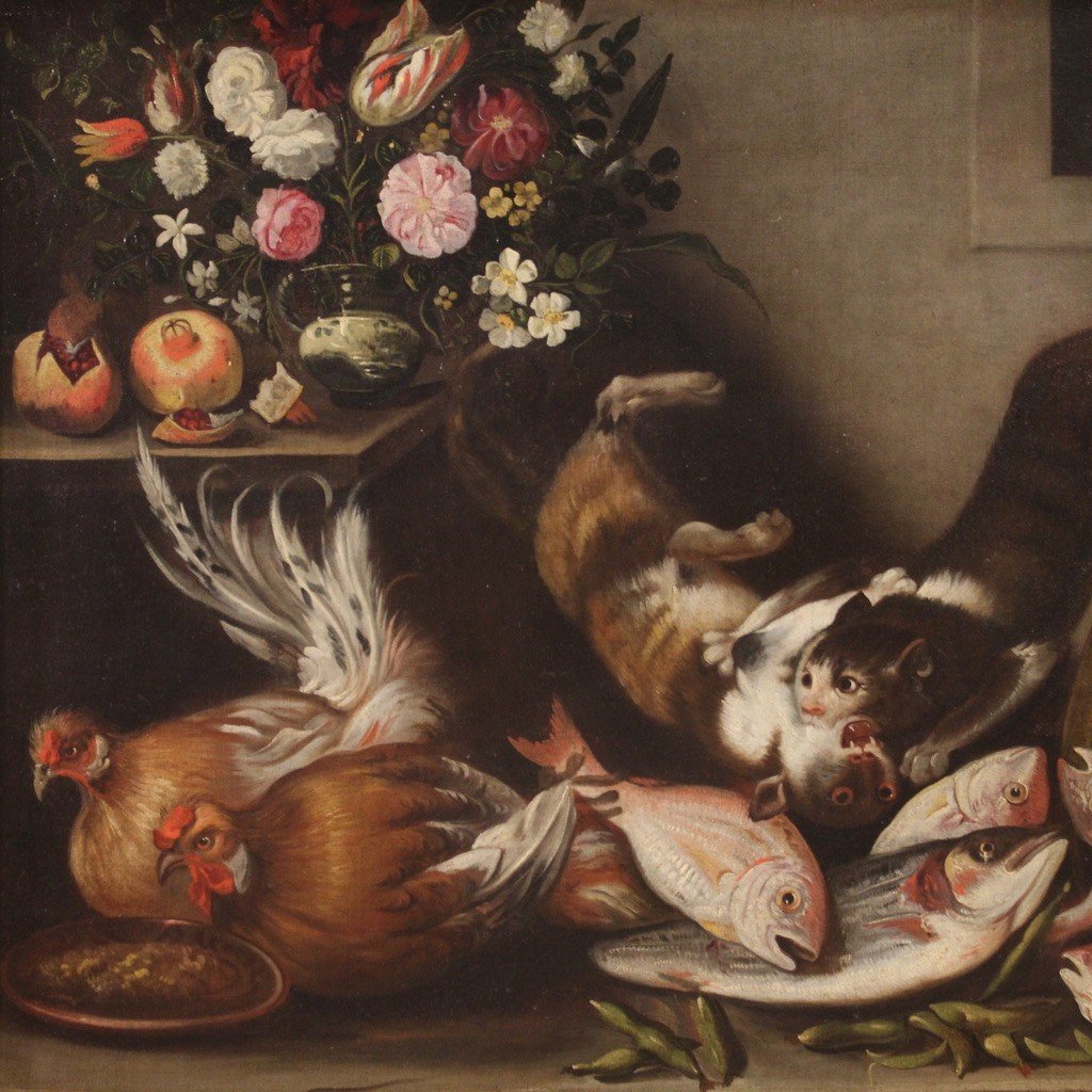 Tableau Italien Nature Morte Avec Animaux, Fleurs Et Fruits Du 17ème Siècle-photo-4