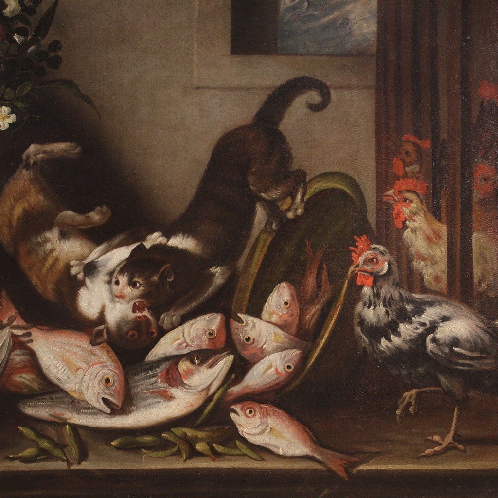 Tableau Italien Nature Morte Avec Animaux, Fleurs Et Fruits Du 17ème Siècle-photo-1