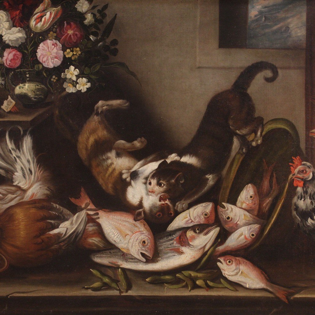 Tableau Italien Nature Morte Avec Animaux, Fleurs Et Fruits Du 17ème Siècle-photo-7