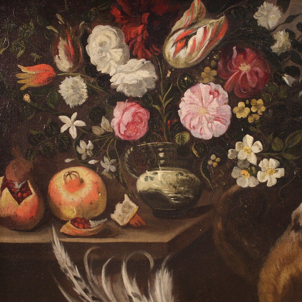 Tableau Italien Nature Morte Avec Animaux, Fleurs Et Fruits Du 17ème Siècle-photo-8