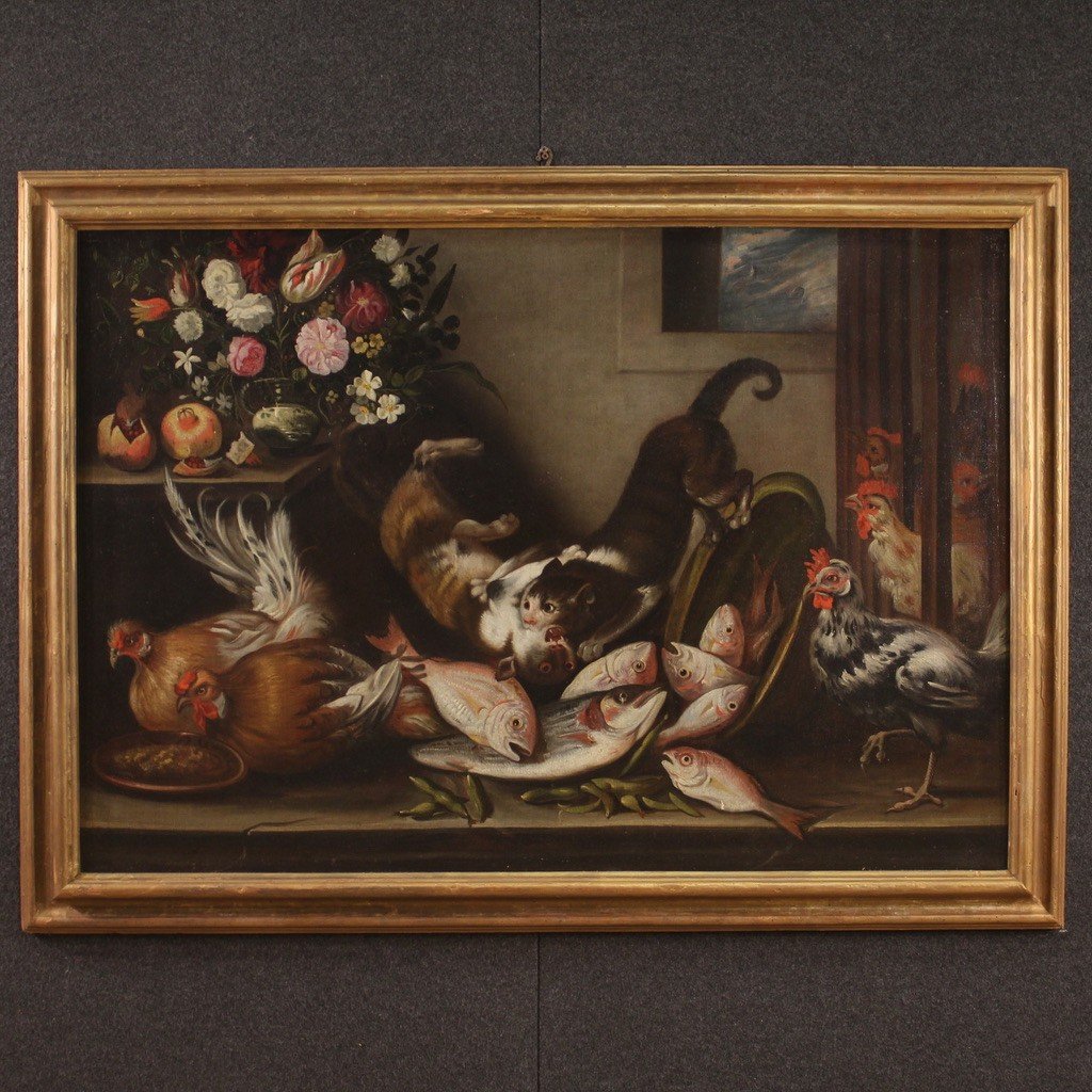 Tableau Italien Nature Morte Avec Animaux, Fleurs Et Fruits Du 17ème Siècle