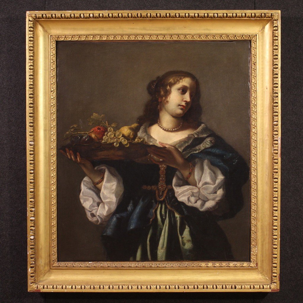 Elegant Painting Portrait Of A Lady With A Fruit Plate 17th Century-photo-2