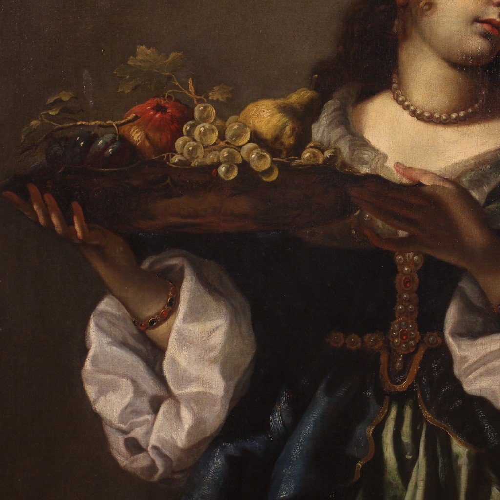 Elegant Painting Portrait Of A Lady With A Fruit Plate 17th Century-photo-3