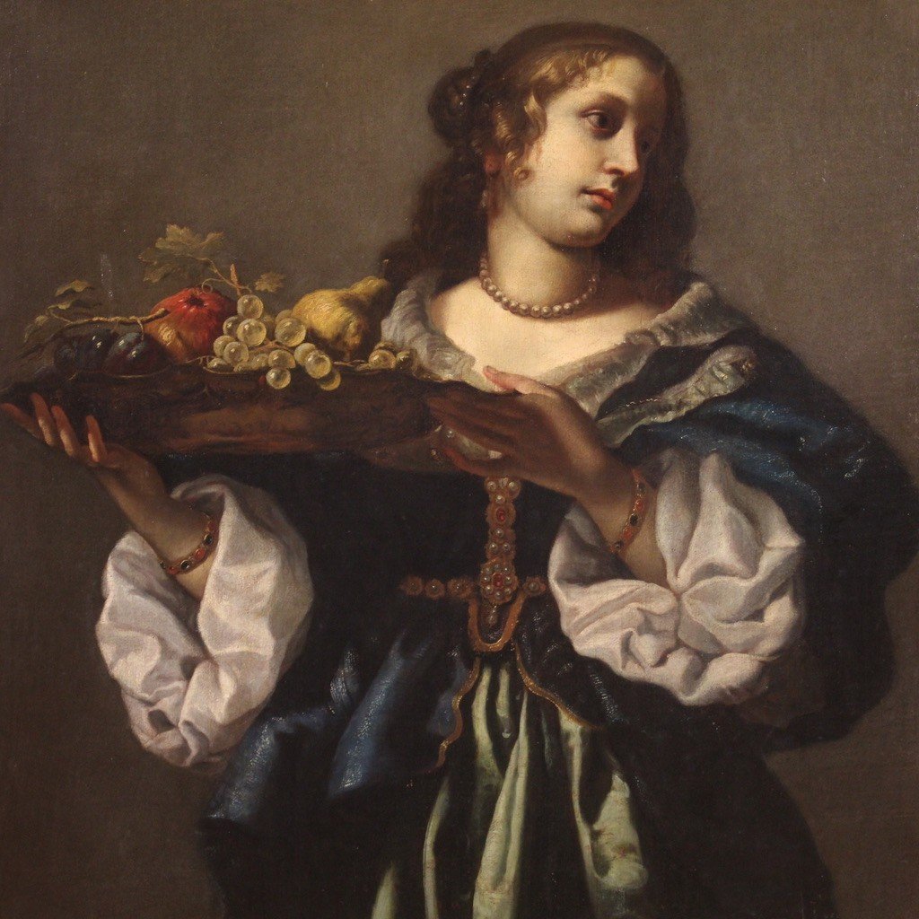 Elegant Painting Portrait Of A Lady With A Fruit Plate 17th Century