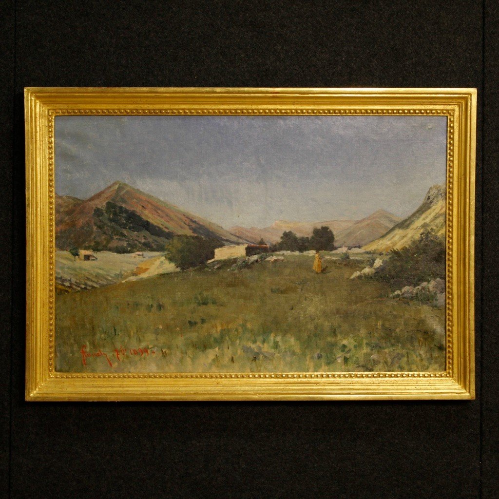 Tableau Italien Paysage Avec Chasseur Daté 1899