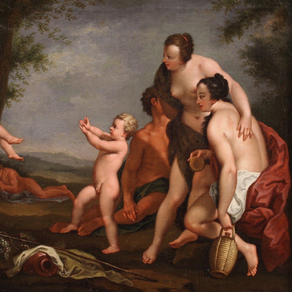 Peinture Mythologique Raffinée Du 17ème Siècle, Paysage Avec Personnages Et Jeu d'Angelots-photo-2