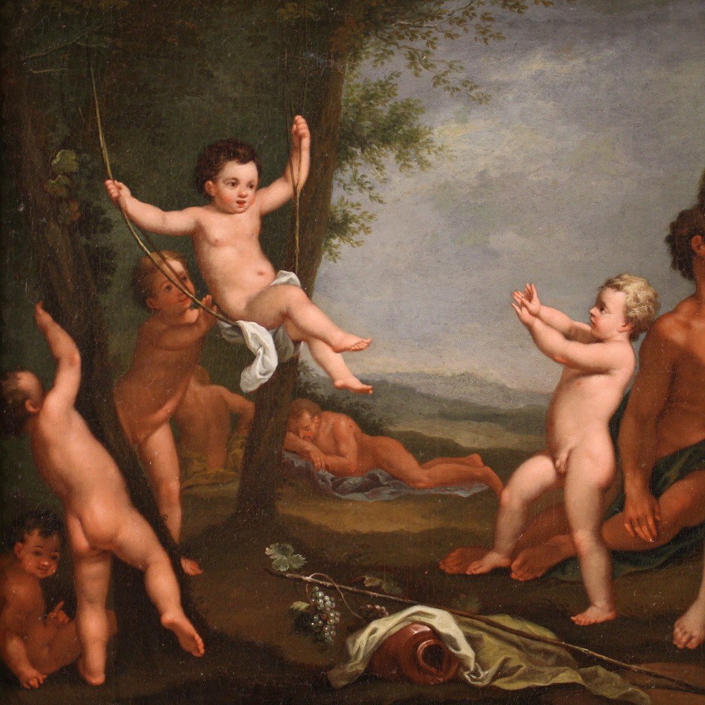 Peinture Mythologique Raffinée Du 17ème Siècle, Paysage Avec Personnages Et Jeu d'Angelots-photo-3