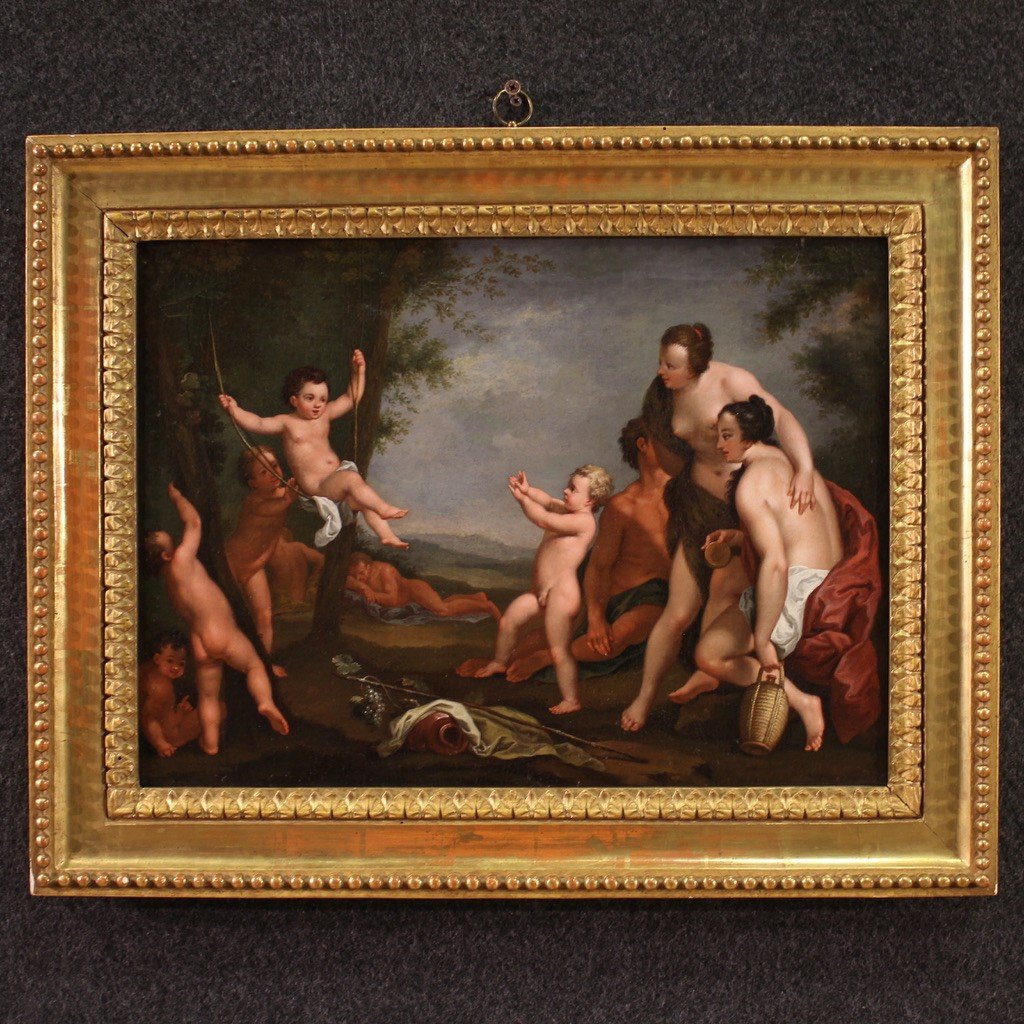 Peinture Mythologique Raffinée Du 17ème Siècle, Paysage Avec Personnages Et Jeu d'Angelots