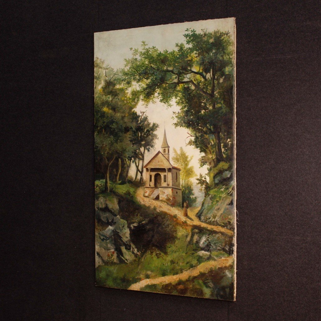 Painting Countryside Landscape Oil On Canvas From 19th Century-photo-3