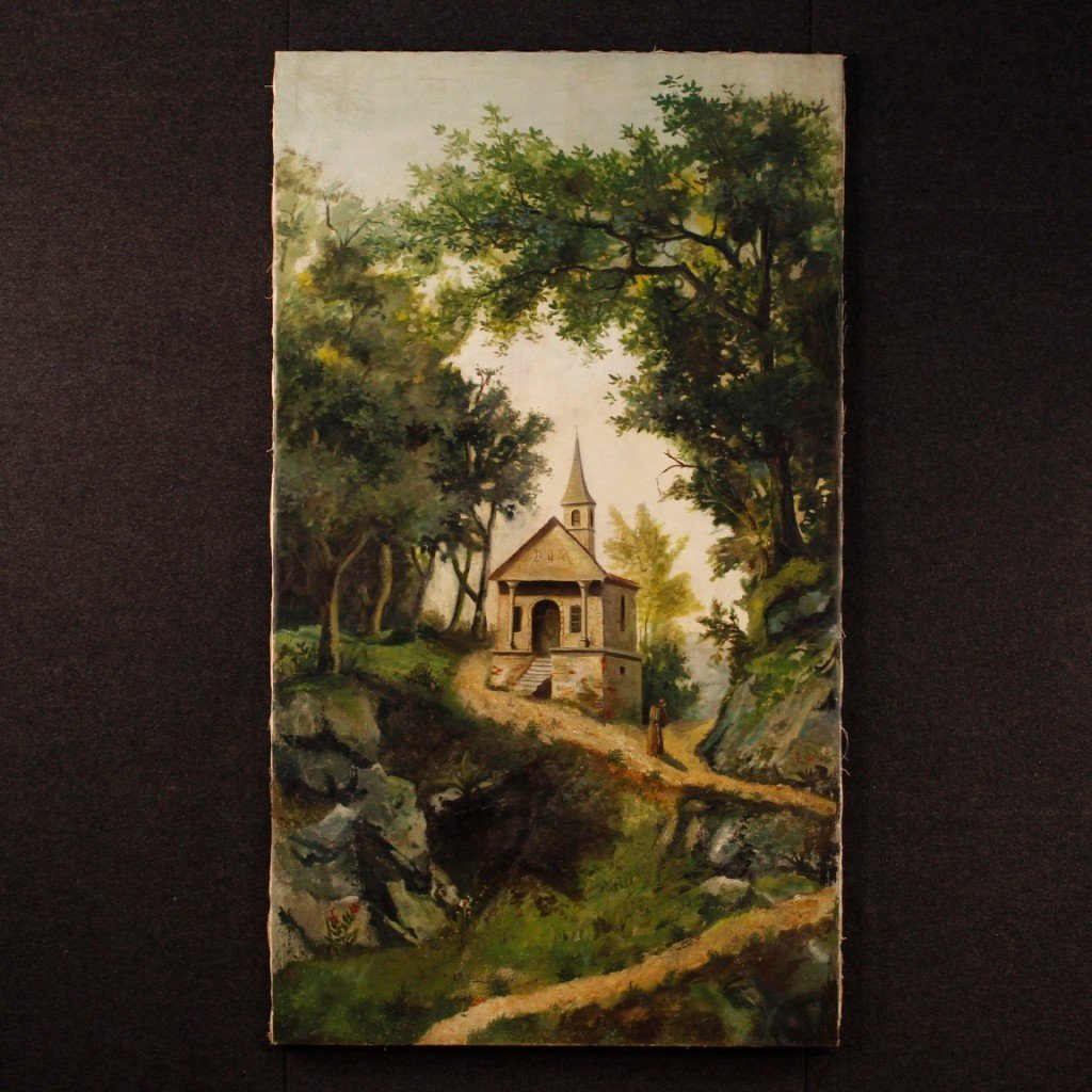 Painting Countryside Landscape Oil On Canvas From 19th Century