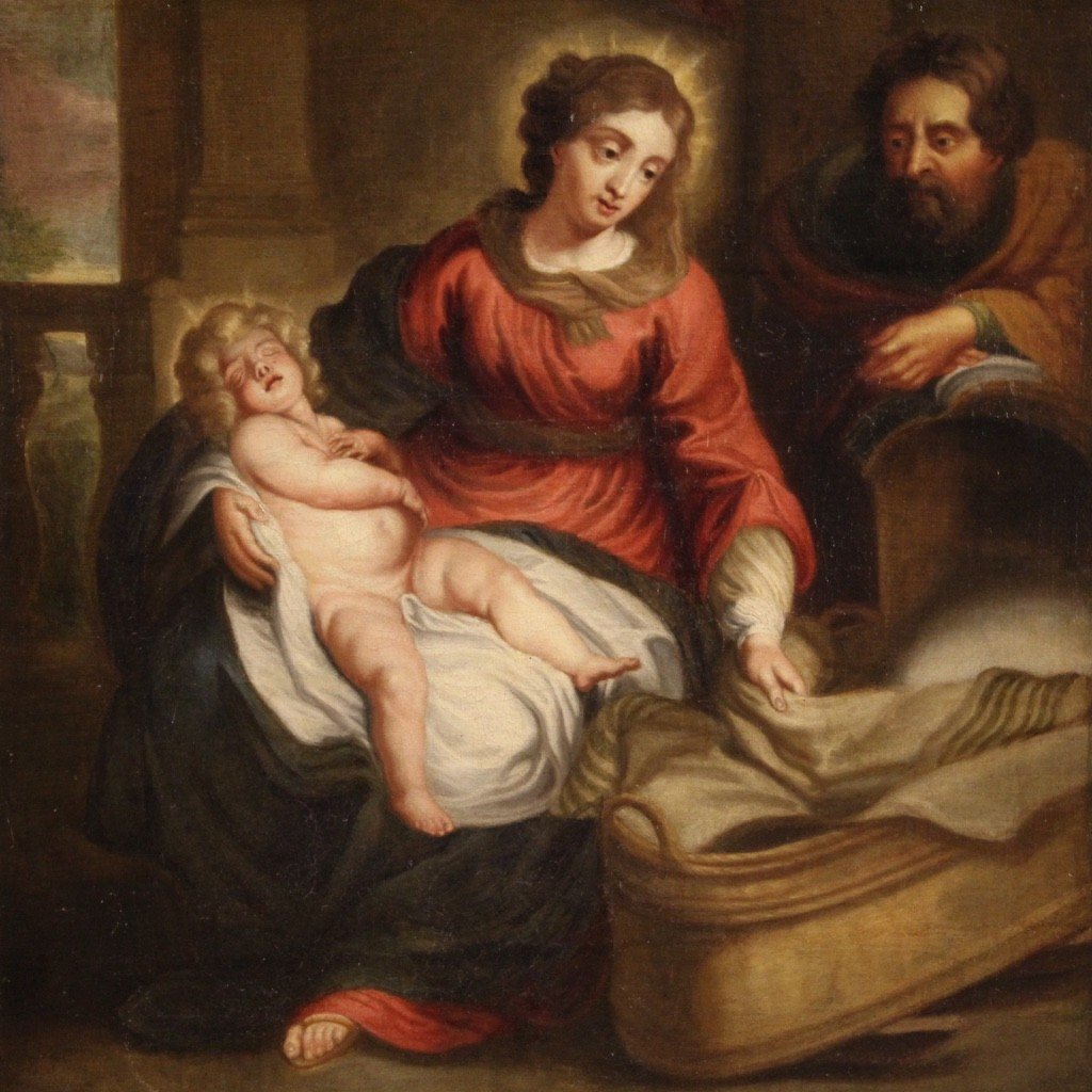 Flemish Religious Painting Holy Family From 18th Century-photo-3