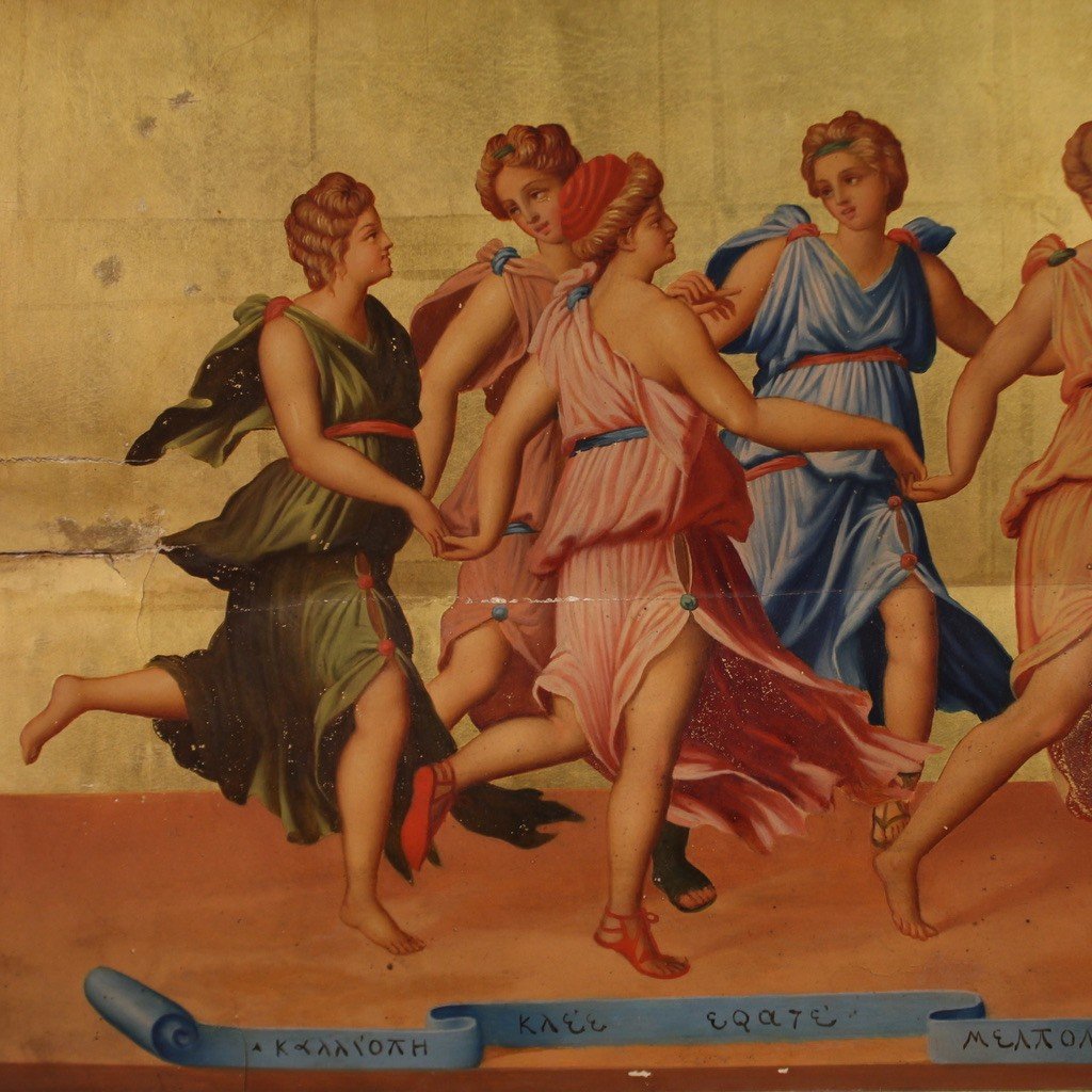 19th Century Panel Painting, Apollo Dancing With The Muses-photo-4