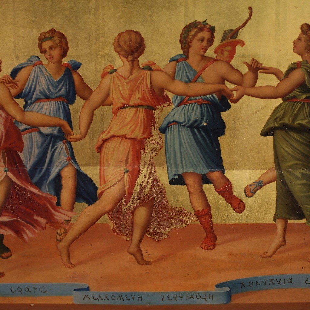 19th Century Panel Painting, Apollo Dancing With The Muses-photo-1