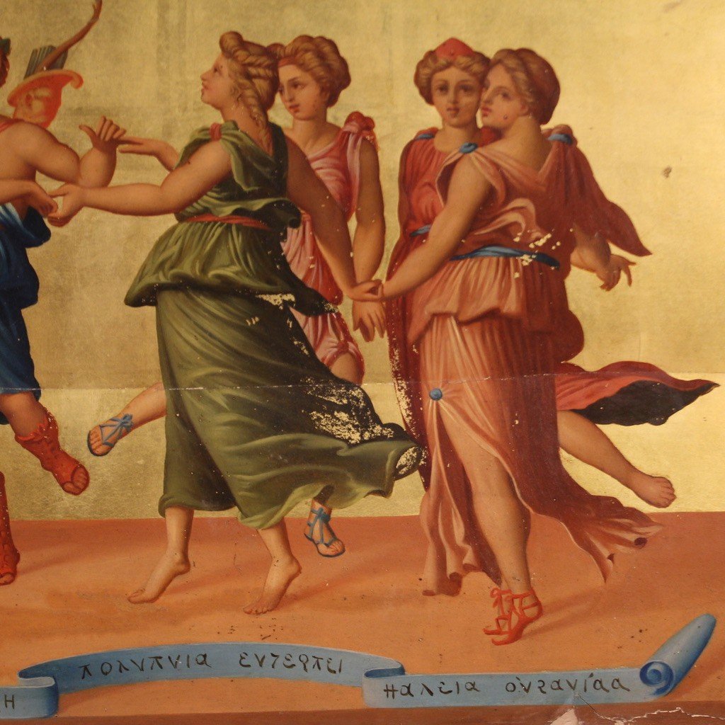 19th Century Panel Painting, Apollo Dancing With The Muses-photo-3