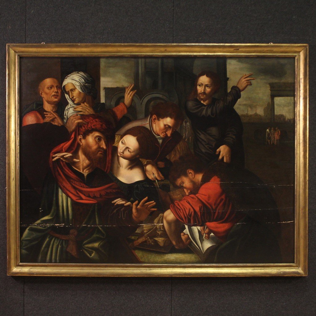 Great 16th Century Flemish Painting On Panel, The Calling Of Saint Matthew