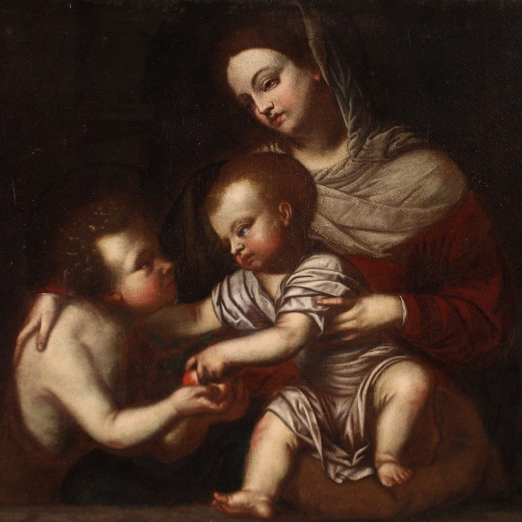 Tableau Ancien Italien Du 17ème Siècle, La Vierge à l'Enfant Et Saint Jean