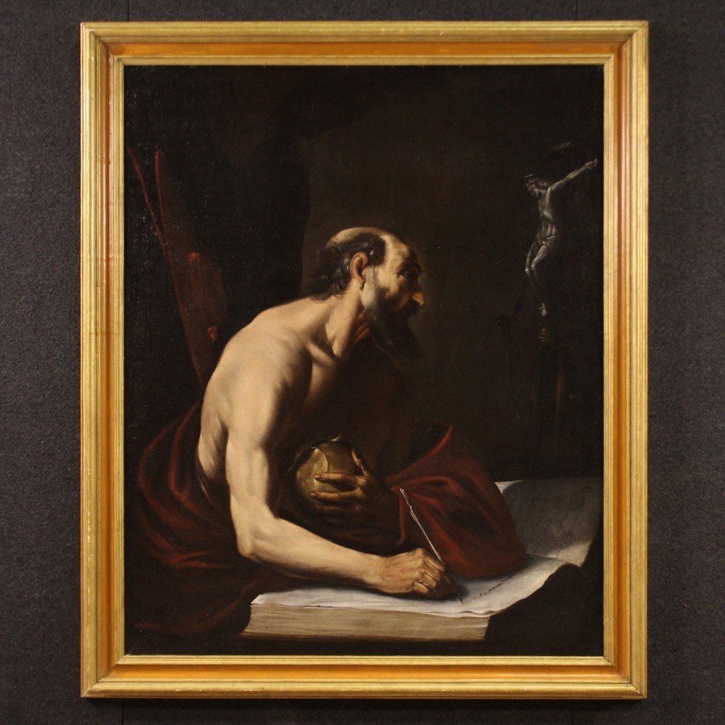 Great 17th Century Caravaggesque Painting, Saint Jerome In His Study-photo-2