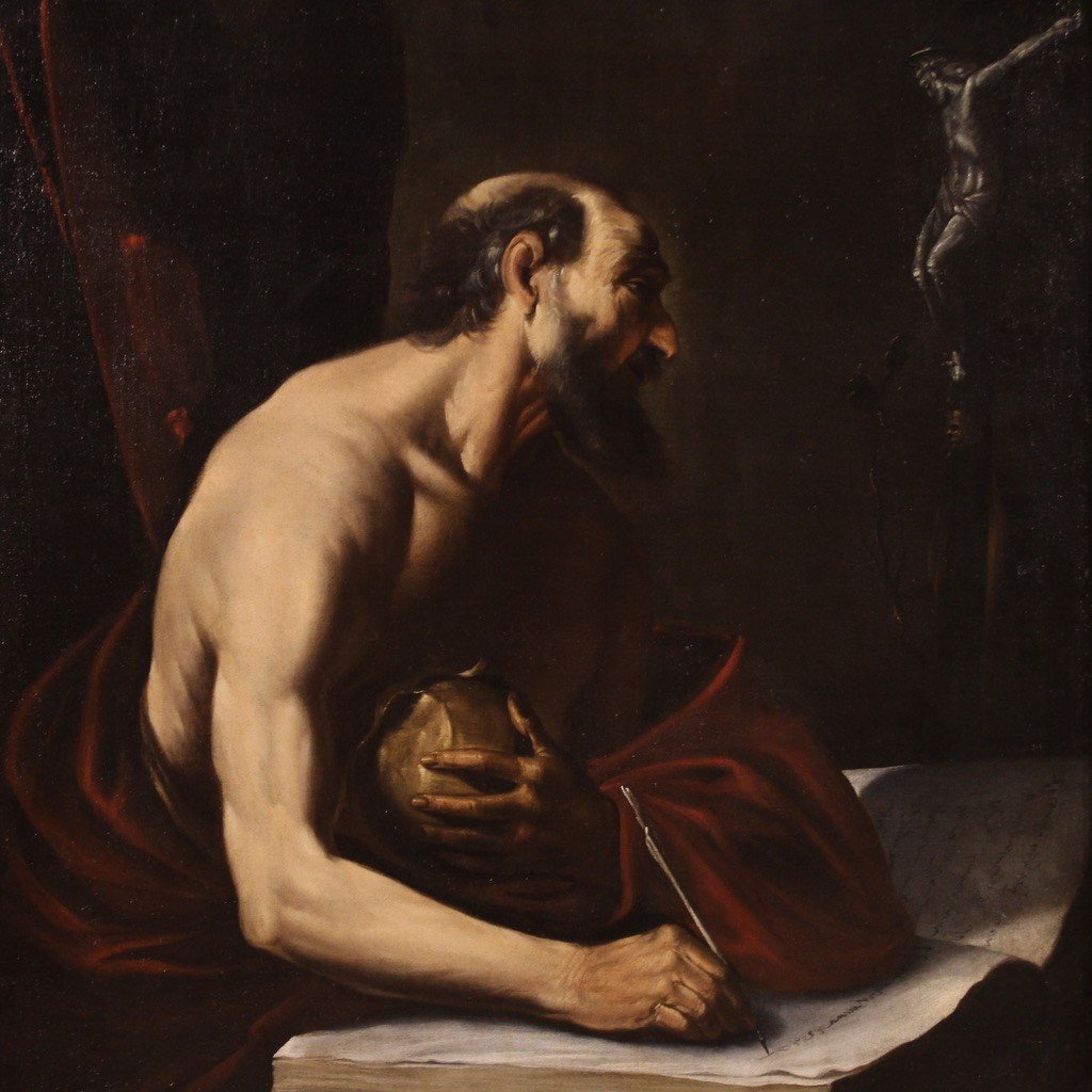 Great 17th Century Caravaggesque Painting, Saint Jerome In His Study