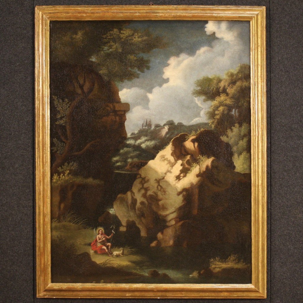 Tableau Paysage Boisé Avec Saint Jean-baptiste Du 18ème Siècle