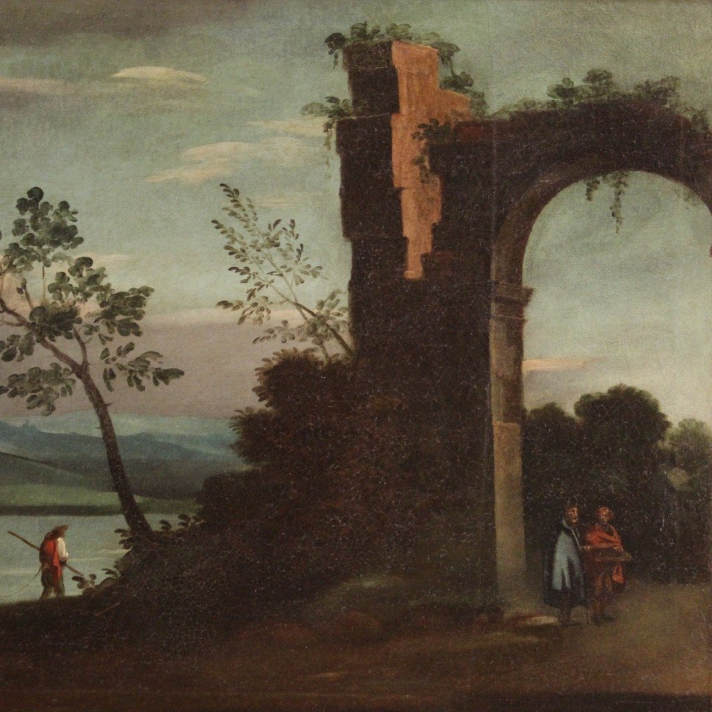 Italian Painting Landscape With Characters And Ruins From 18th Century-photo-1