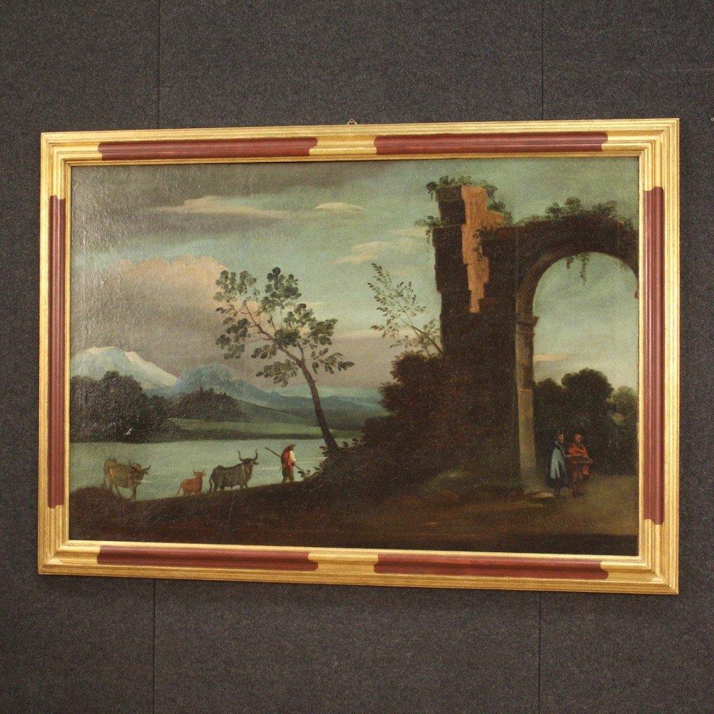 Italian Painting Landscape With Characters And Ruins From 18th Century-photo-7