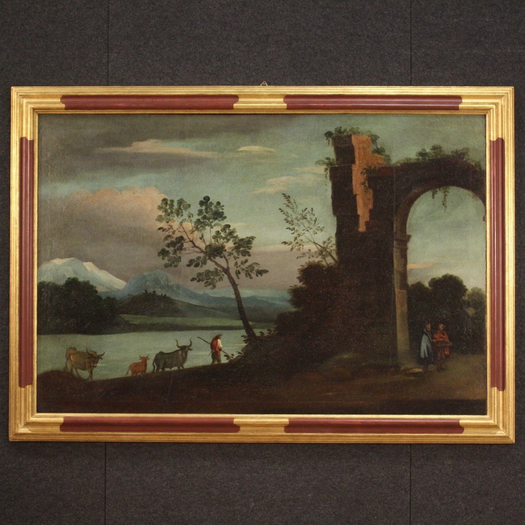 Italian Painting Landscape With Characters And Ruins From 18th Century