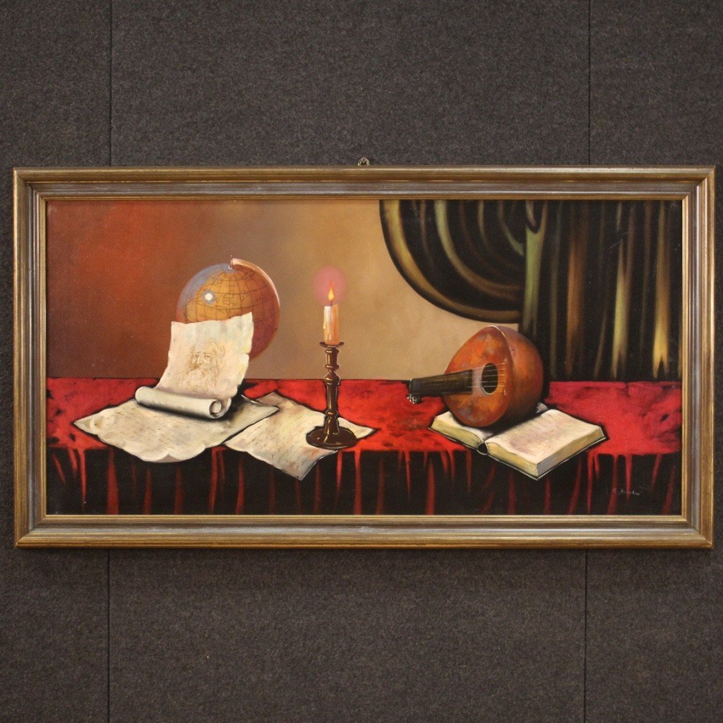 Tableau Italien Nature Morte Avec Instruments De Musique Du 20ème Siècle