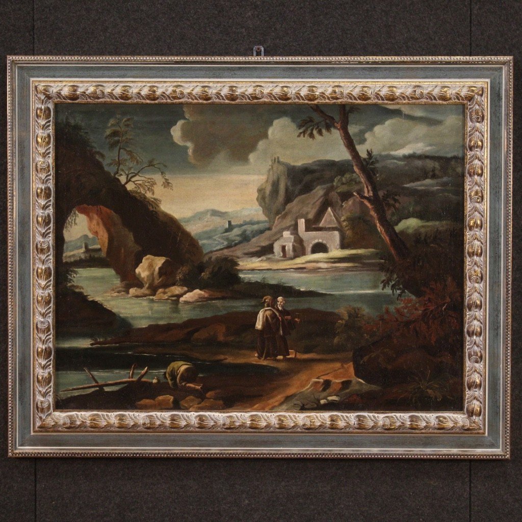 Tableau Ancien Paysage Avec Personnages Du 18ème Siècle