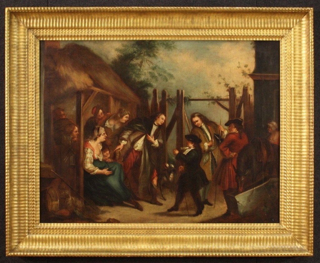 English Painting Oil On Canvas Genre Scene From 18th Century