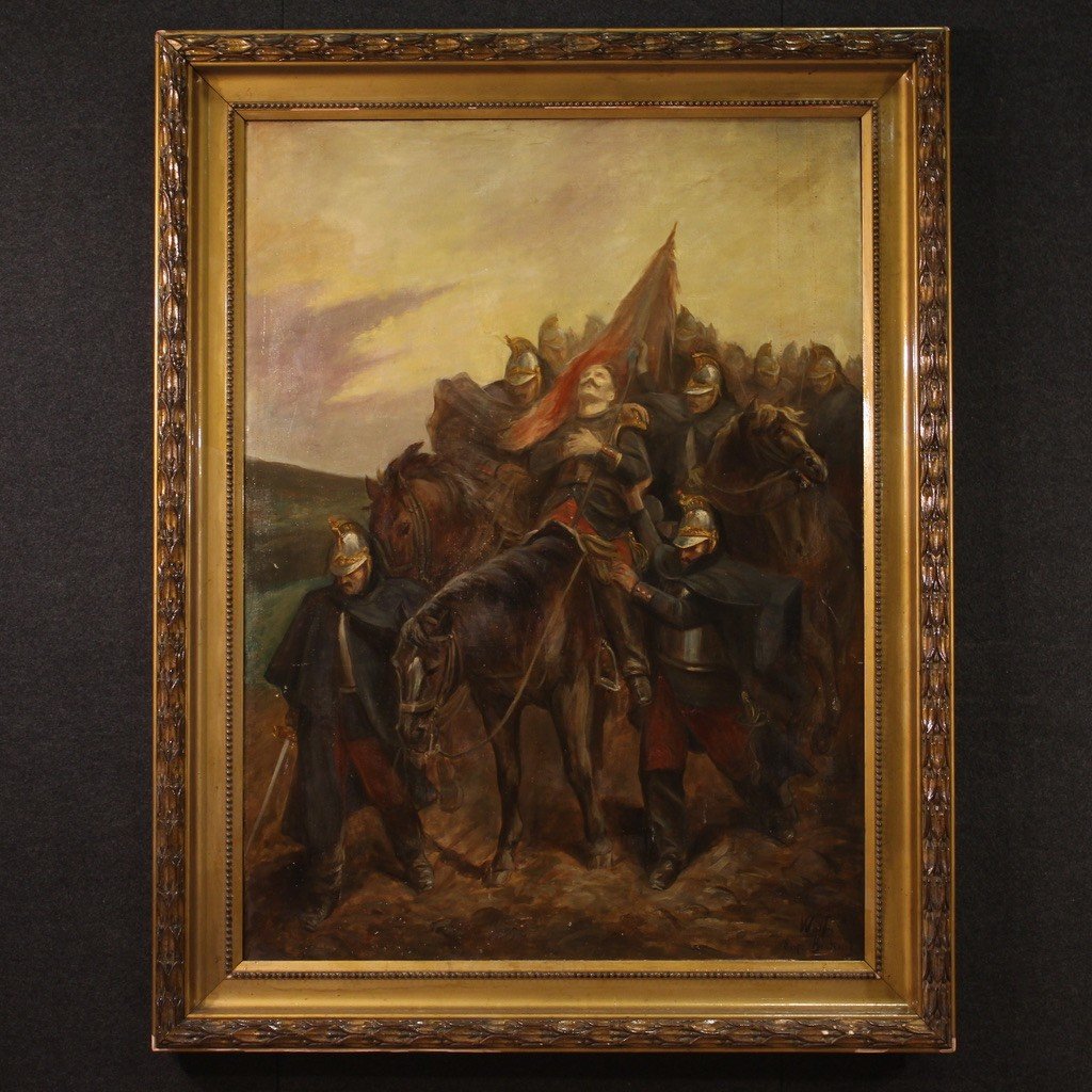 French Painting With Soldiers And Horses From The 19th Century