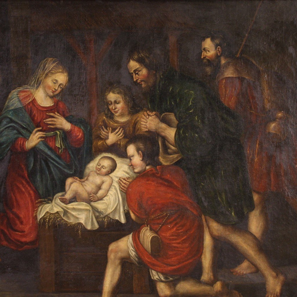 Great 17th Century French Painting, Adoration Of The Shepherds-photo-2