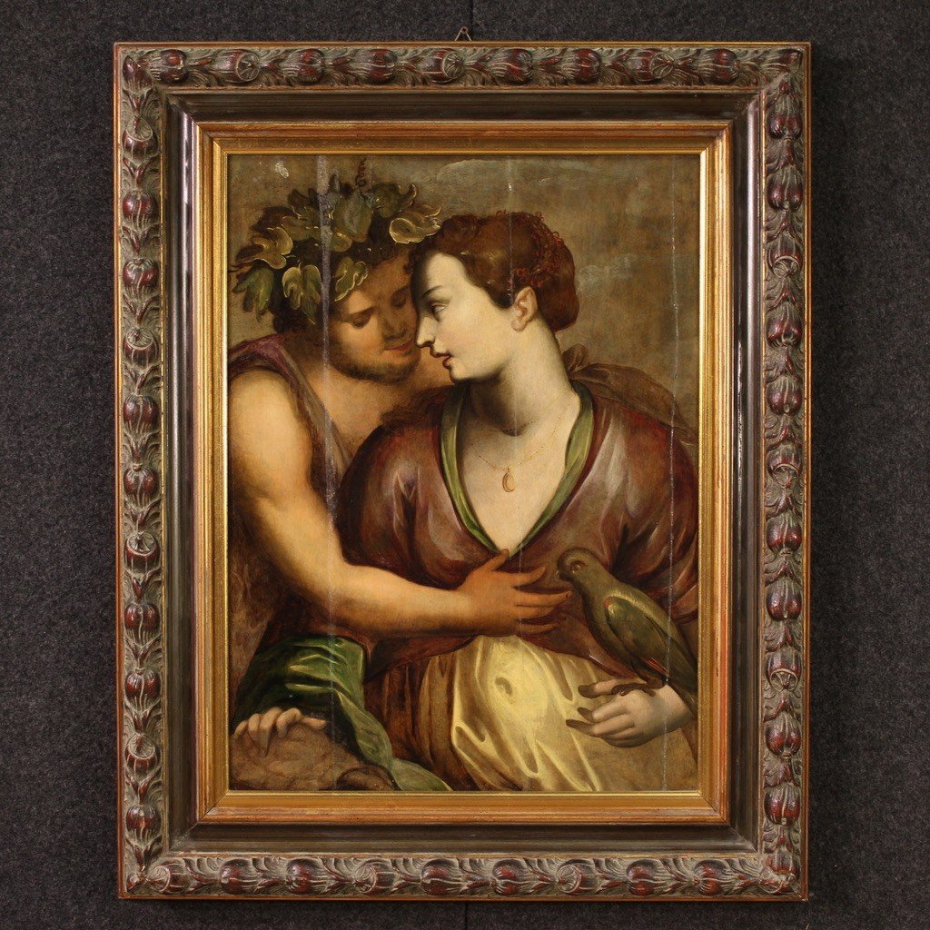 Antique Flemish Painting On Panel From The 17th Century, Bacchus And Ariadne