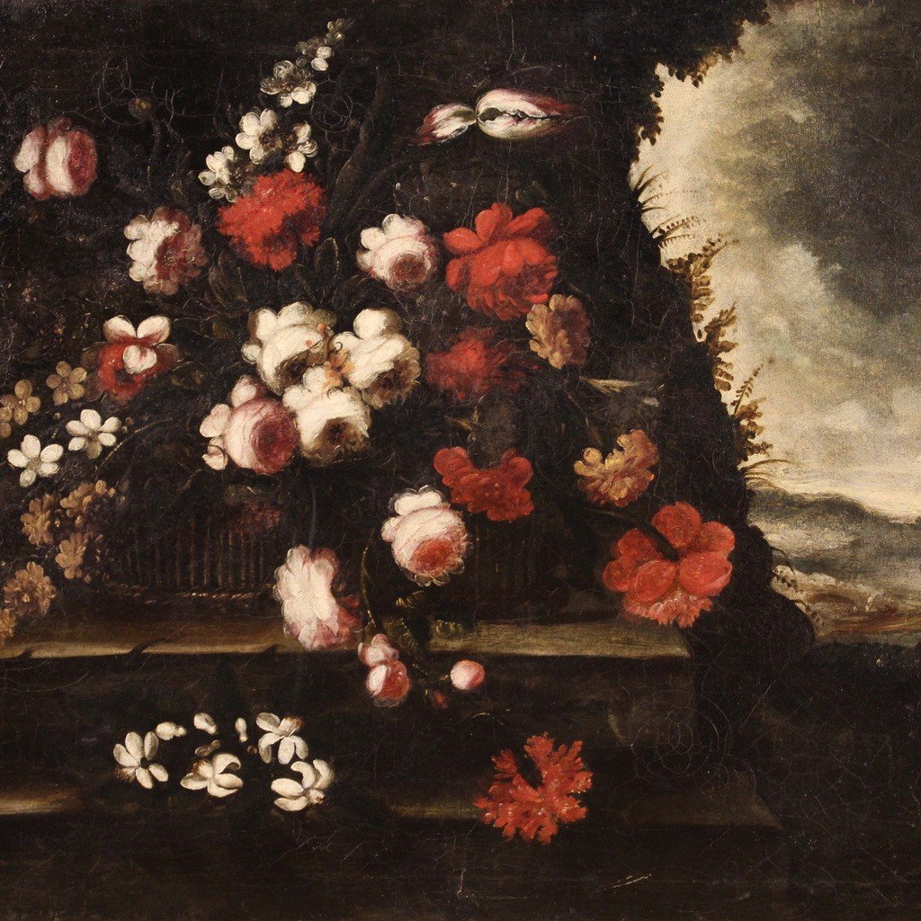 Peinture Ancienne Nature Morte Avec Fleurs Du 18ème Siècle-photo-4